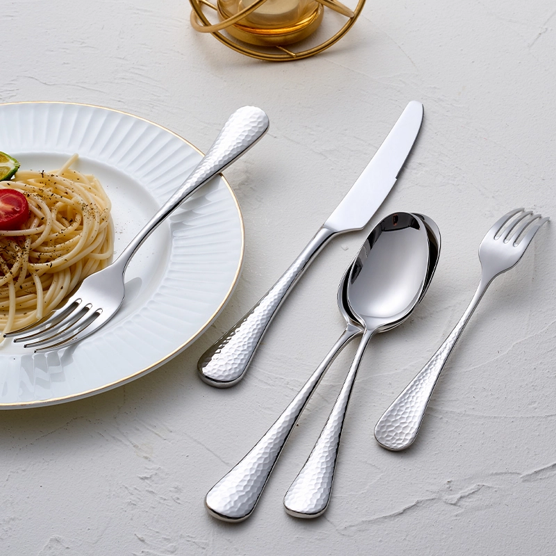 Custom Flatware Set Hammered, Mirror Polished Cutlery Set Silver for Fine Dining in Bulk (8)