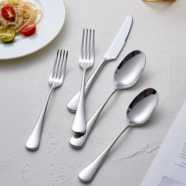 Custom Flatware Set Hammered, Mirror Polished Cutlery Set Silver for Fine Dining in Bulk (9)