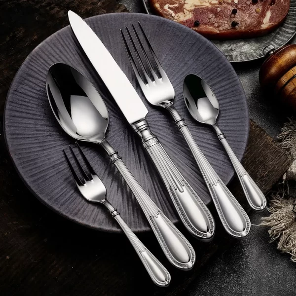 Custom Flatware Sets 5-Piece, Classic Fluted Handle Stainless Steel Cutlery Silver in Bulk