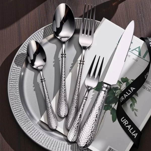 Stainless Steel Hammered Flatware Wholesale, Modern Mirror Polished Cutlery Silver Custom (1)