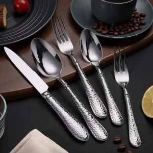 스테인레스 스틸 망치 식기 도매, 고급 케이터링 커스텀을위한 현대적인 거울 광택 식기류