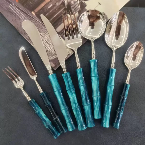 Wholesale Modern Flatware Green Bamboo Acrylic Handle Stainless Steel Cutlery Set Blue Custom