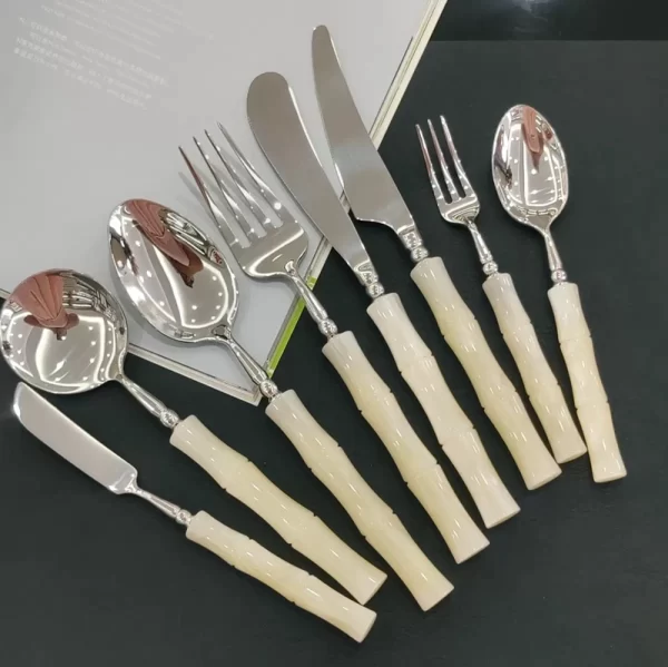 Wholesale Modern Flatware Green Bamboo Acrylic Handle Stainless Steel Cutlery Set Cream White Custom