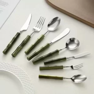 Wholesale Modern Flatware Green Bamboo Acrylic Handle Stainless Steel Cutlery Set Custom