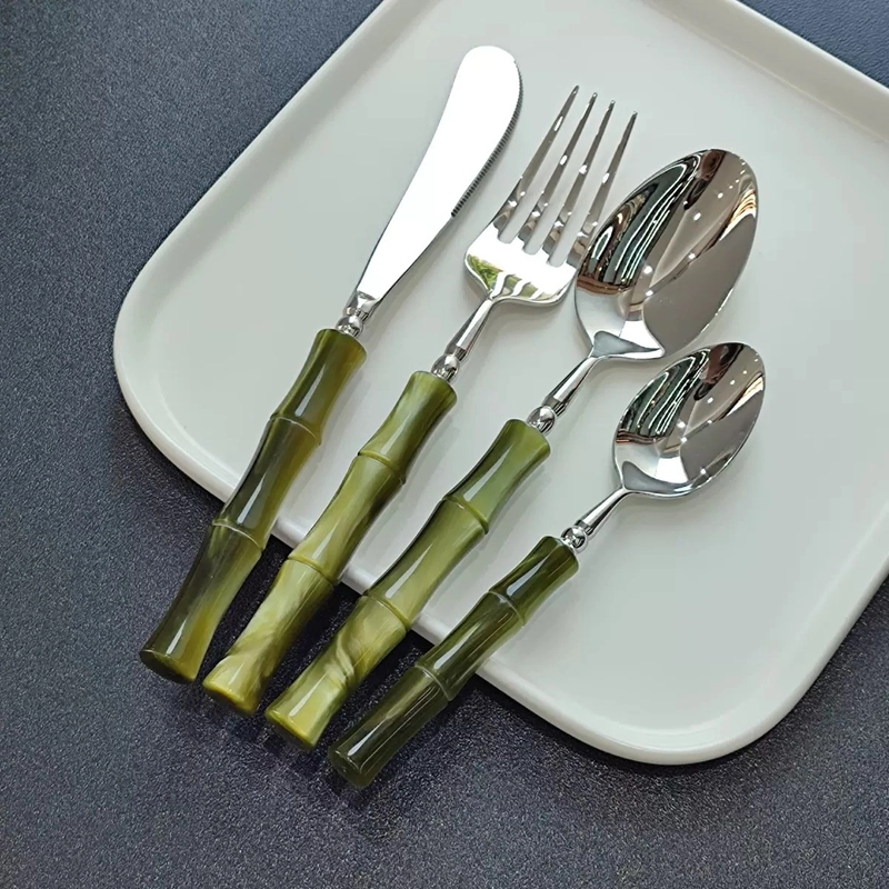 Wholesale Modern Flatware Green Bamboo Acrylic Handle Stainless Steel Cutlery Set Supplier