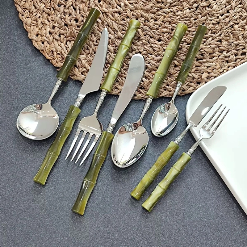 Wholesale Modern Flatware Green Bamboo Acrylic Handle Stainless Steel Cutlery Set Supply