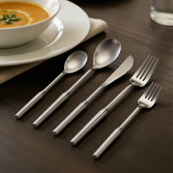 Custom Heavy Flatware Stainless, Geometric Faceted Cutlery Set Silver in Bulk (4)