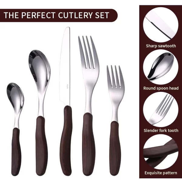 Wood Handle Flatware Wholesale, Stainless Steel 5-Piece Cutlery Set with Ergonomic Design Supplier (3)