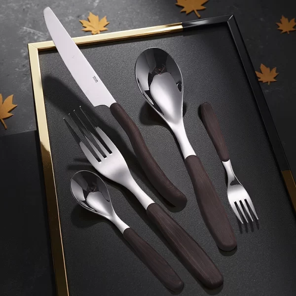 Wood Handle Flatware Wholesale, Stainless Steel 5-Piece Cutlery Set with Ergonomic Design Supplier